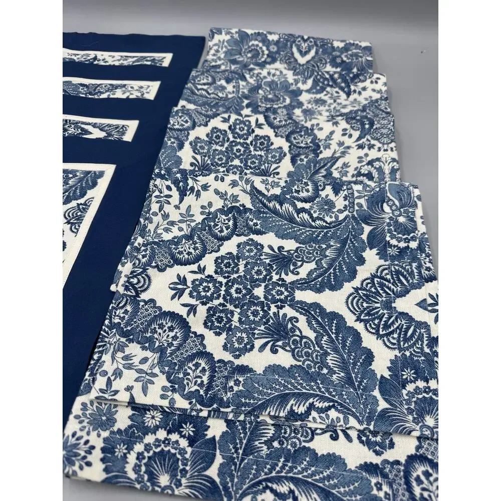 Pottery Barn Blue Brevard Chambray Paisley Design 4 Placemats & 4 Napkins
